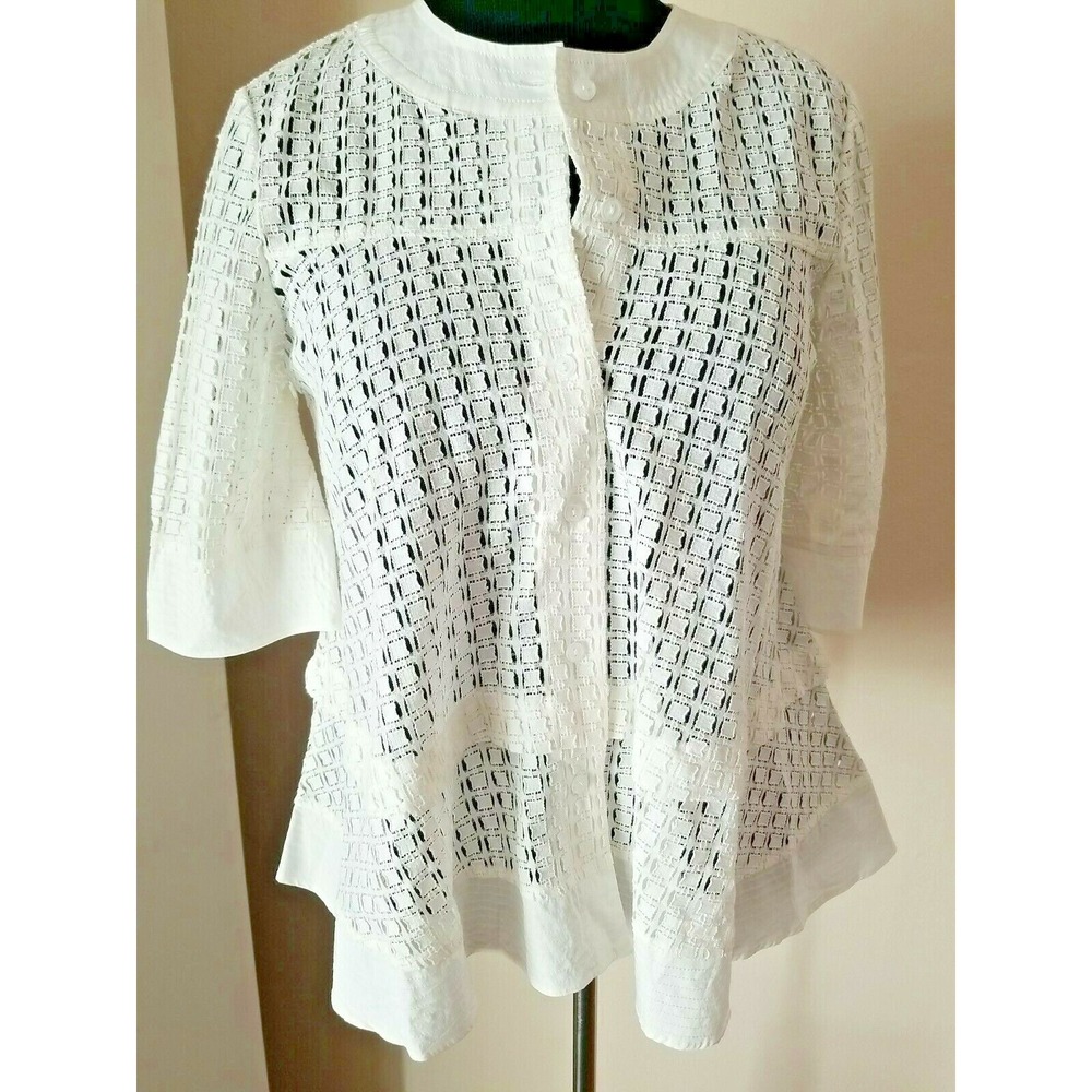 LUMIE White Cotton Blend Embroider Knit Button Front Tunic Top sz S 3/4 Sleeve
